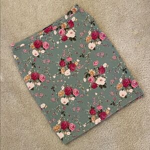 Mikarose Sage Green Floral Pencil Skirt with Pink Rose Print